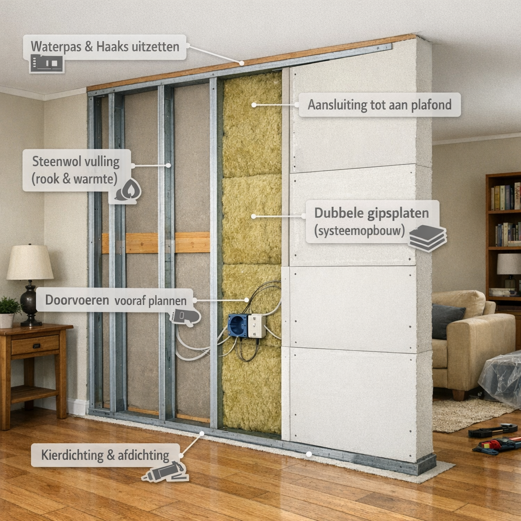 Doorsnede van een binnenmuur met metalen profielen, steenwol isolatie, kabels en dubbele gipsplaten, met uitleg over montage en afdichting.